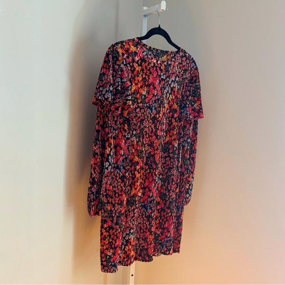 Zara Micro Pleated Floral Ruffle Long Sleeve Multicolored Mini Dress Size Large - Picture 3 of 5